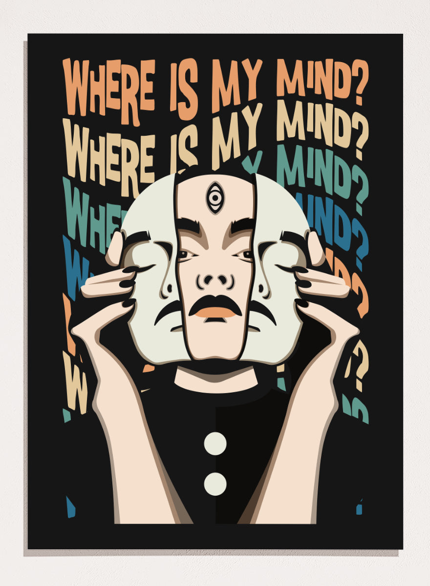 A stylized graphic art print featuring a person in a black outfit holding a white mask in front of their face, with the text &