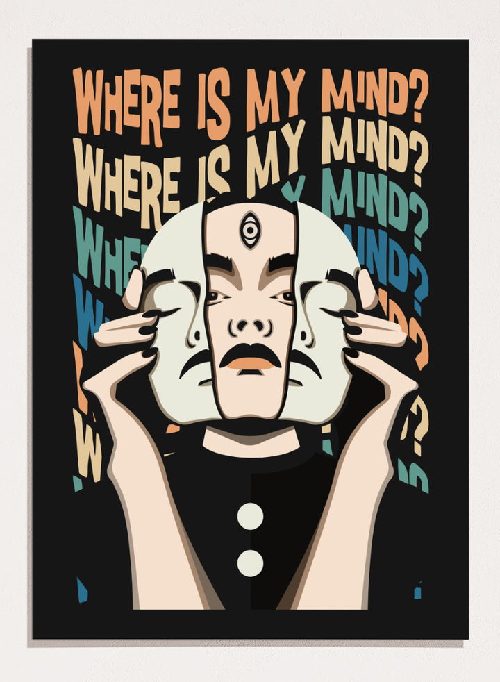 A stylized graphic art print featuring a person in a black outfit holding a white mask in front of their face, with the text &