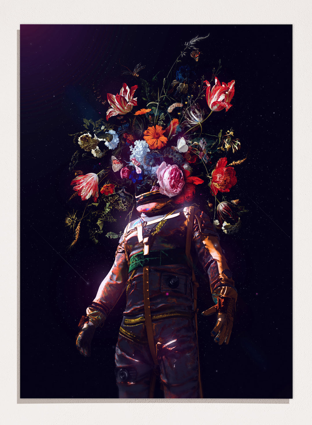 Person wearing a costume with floral headpiece against a dark background. Cosmic Garden Astronaut by Nicebleed is a surreal floral space art print featuring an astronaut with blooming flowers, modern aesthetic wall poster.