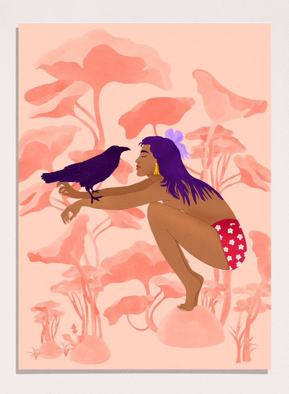 Illustration of a woman with a bird on a pink floral background. Raven by Jota de Jai is a modern pink wall art print of a woman with a purple raven, available as a premium fine art poster with optional wood framing.