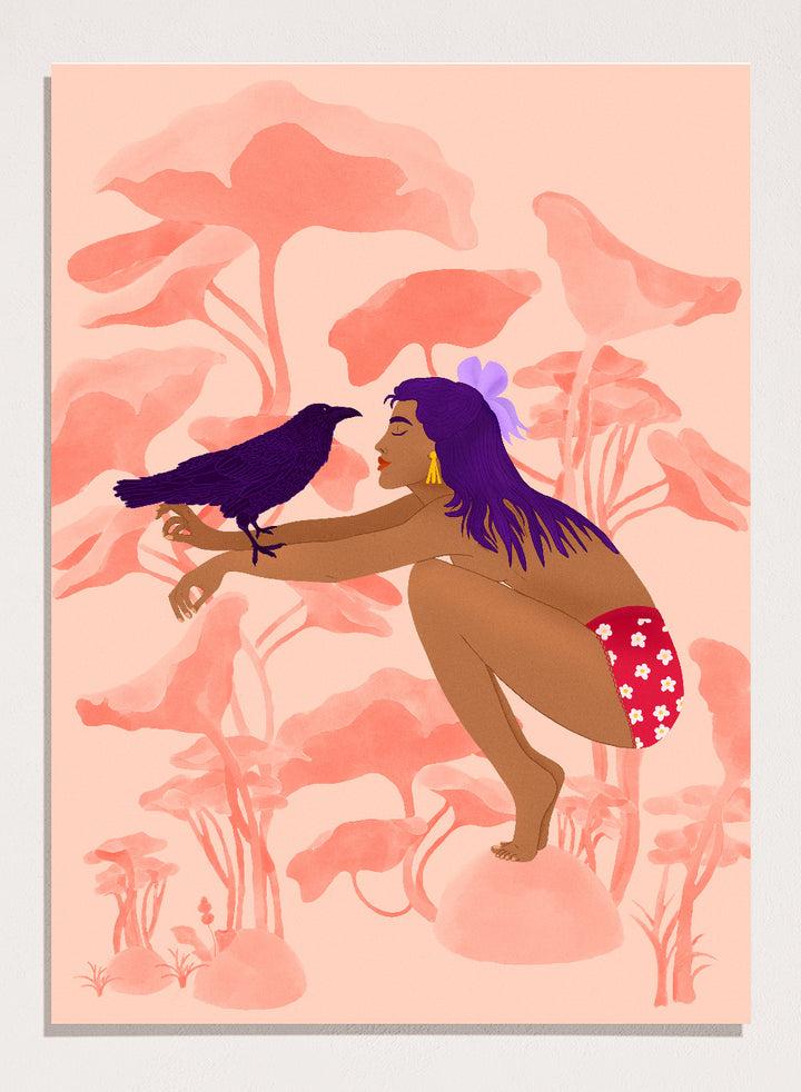 Illustration of a woman with a bird on a pink floral background. Raven by Jota de Jai is a modern pink wall art print of a woman with a purple raven, available as a premium fine art poster with optional wood framing.