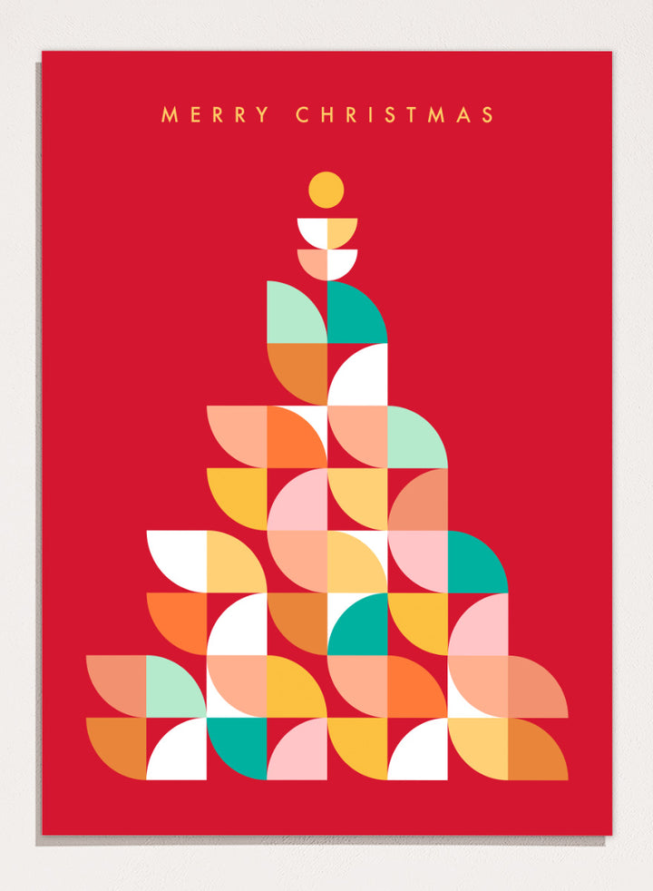 Shop Geometric Christmas Tree by Dominique Vari, a colorful Christmas wall art print poster featuring a retro geometric tree in red, pink, orange, teal, and yellow.