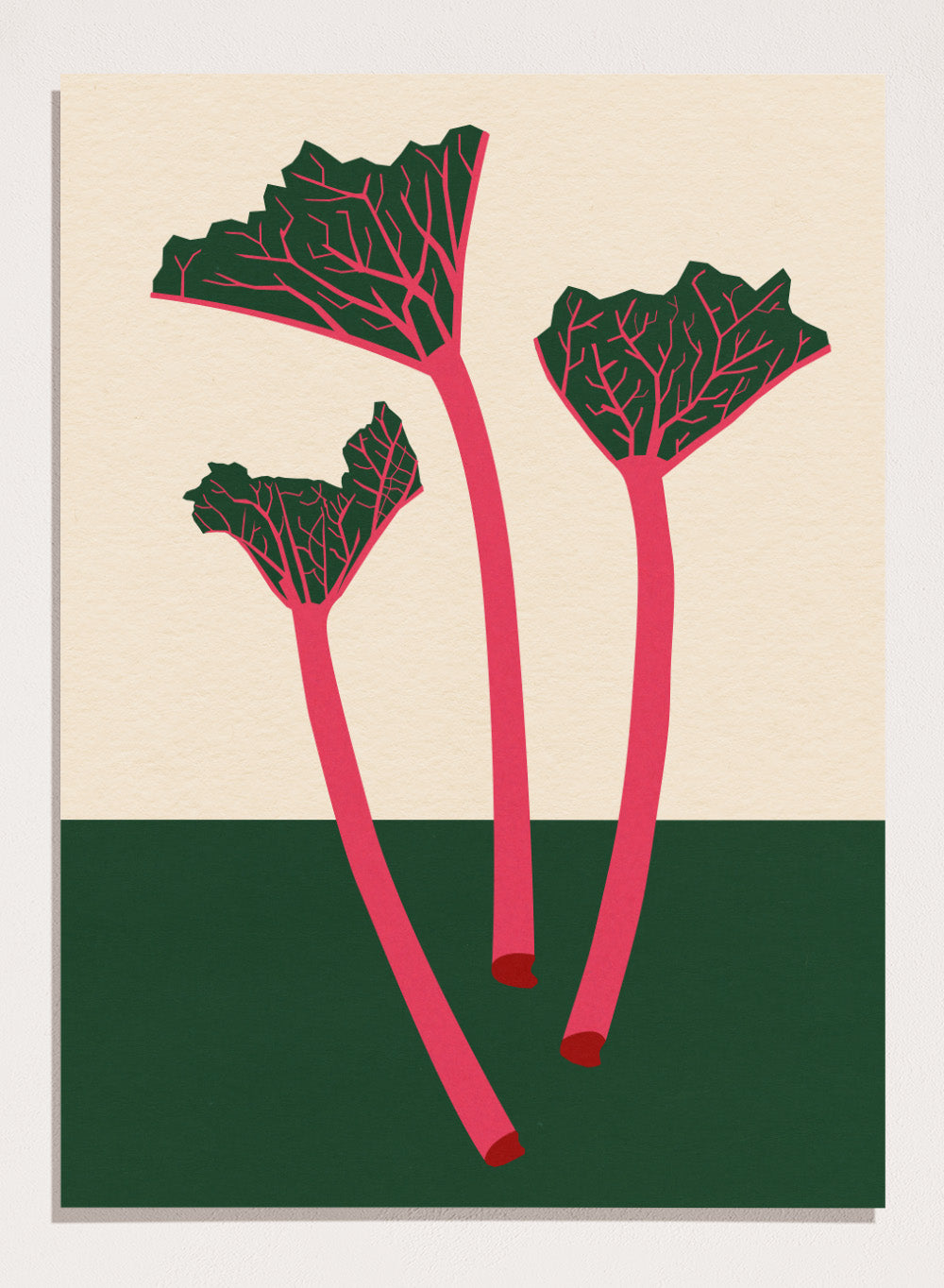 Illustration of red rhubarb stalks with green leaves on a beige and green background. Swedish Garden Rhubarb by Rosi Feist is a modern botanical art print with bold minimalist color and Bauhaus-inspired design. Officially licensed fine art poster with framing.