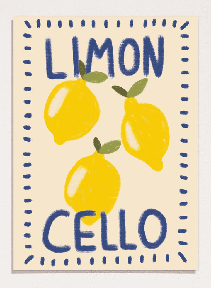 An art print featuring three yellow lemons with green leaves on a cream background, framed by a blue dotted border. The words &