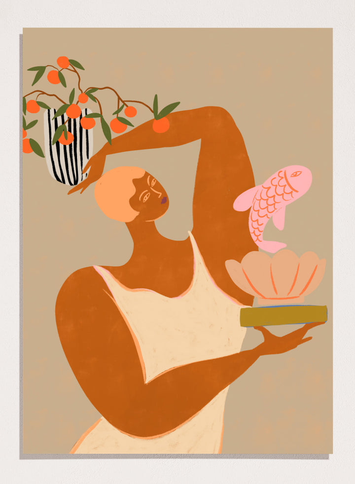 Illustration of a person holding a shell with a fish and a vase with flowers on a beige background. Fish and Oranges by Arty Guava is a modern surreal art print of a woman holding a fish with orange still life details. Officially licensed wall poster.