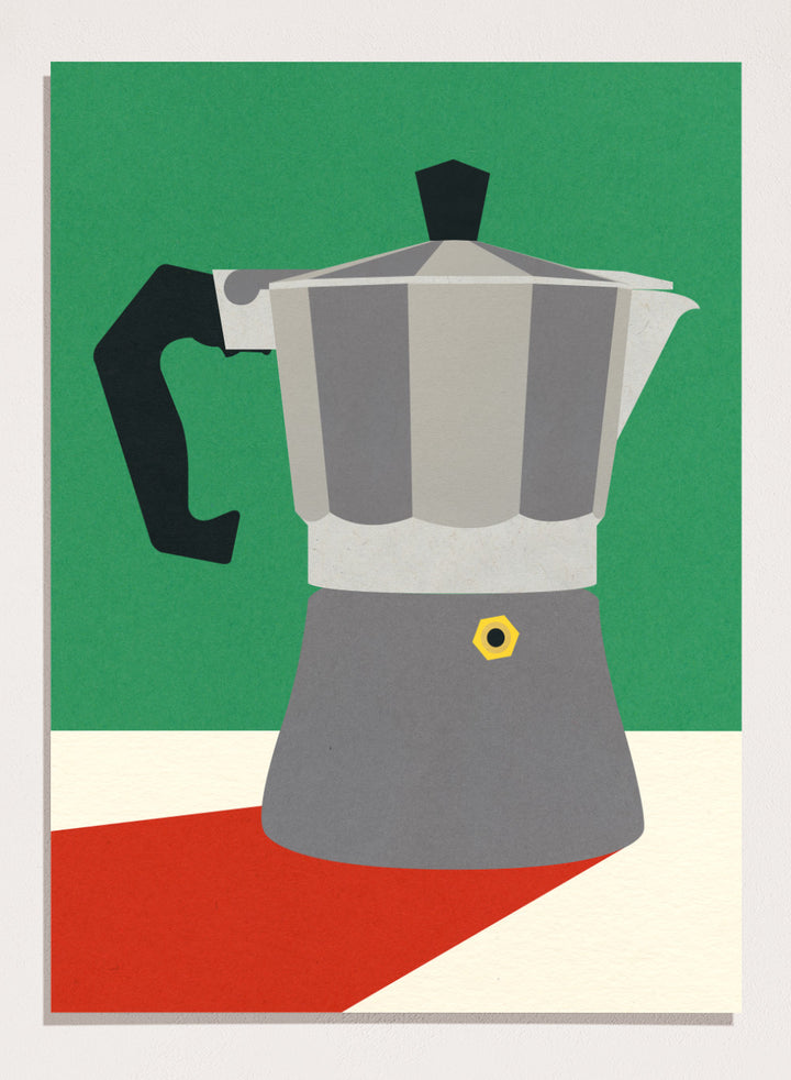 Stylized illustration of a Moka pot on a green, white, and red background. Stylized illustration of a Moka pot on a green, white, and red background. Espresso Italiano by Rosi Feist is a minimalist moka pot kitchen art print with Bauhaus-inspired color. Officially licensed modern poster with framing.