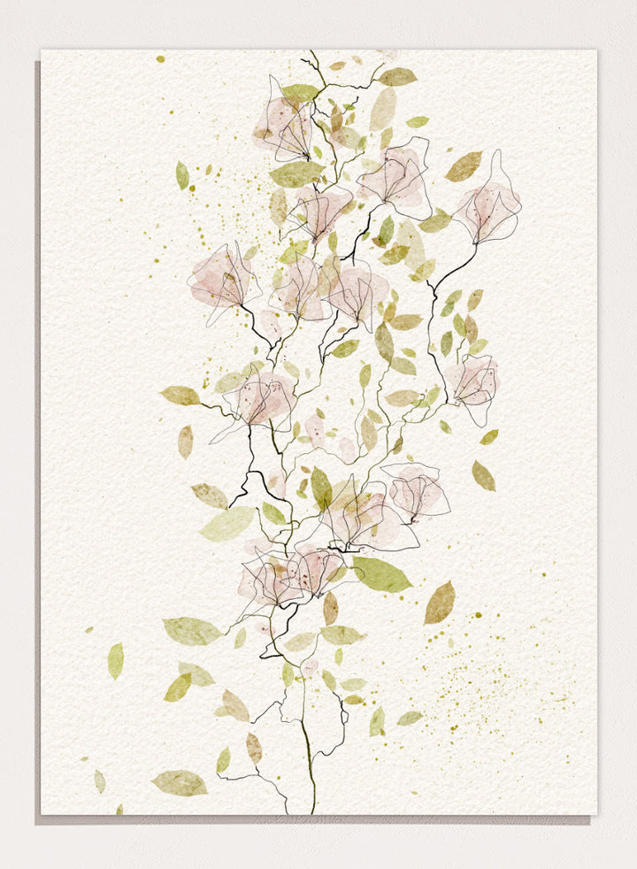 A framed botanical art print featuring delicate watercolor flowers and leaves in soft pink, sage green, and olive tones on a textured off-white background. Shop Ethereal Pink Blooms by Ankie Kooi, a floral wall art print poster with pink watercolor flowers, botanical line art, climbing branches, and spring florals.