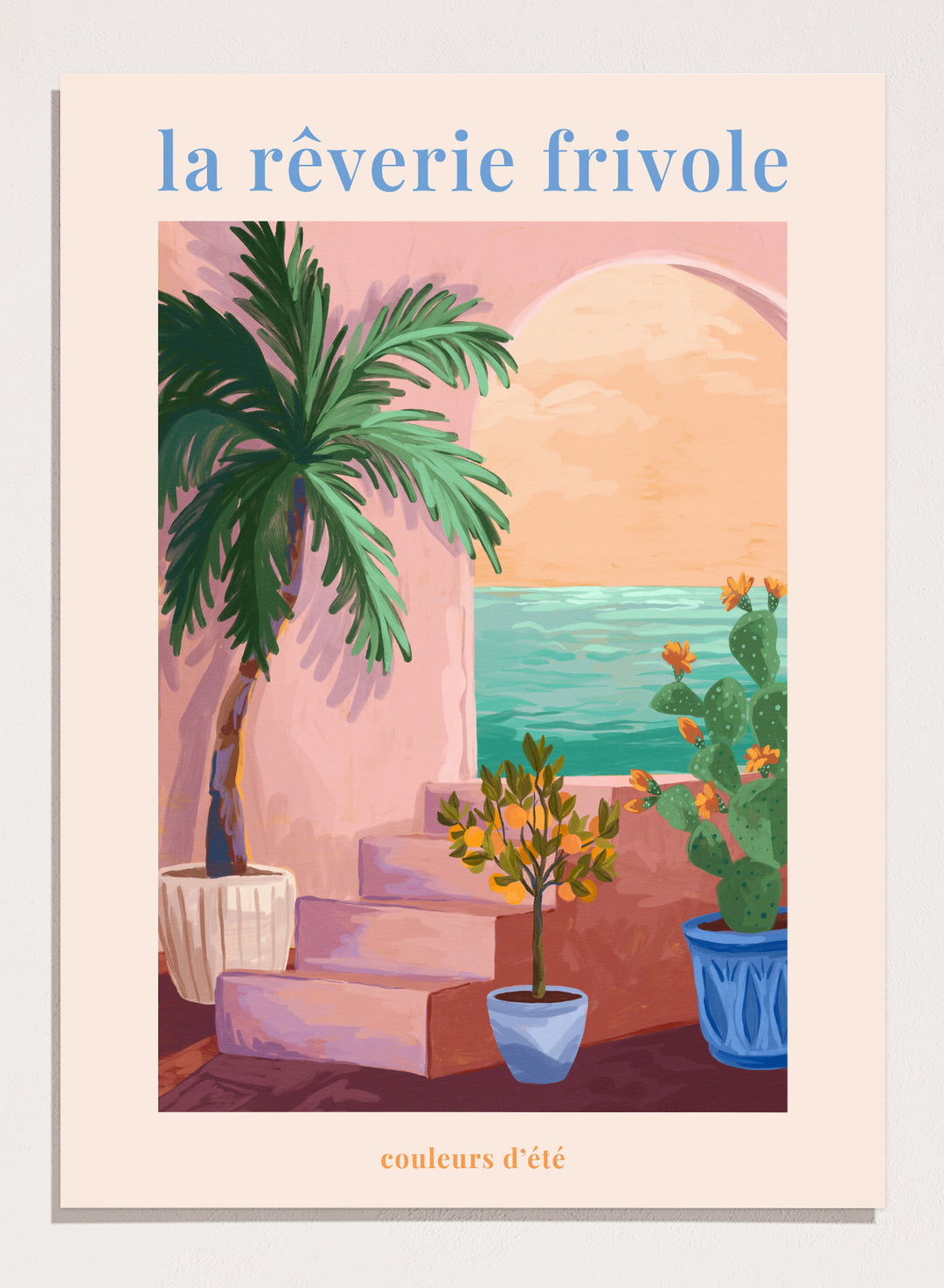 Artistic depiction of a tropical scene with palm trees and plants, featuring the text 'la rçverie frivole'. La Rêverie Frivole Palm by Goed Blauw is a coastal art print and wall poster featuring a palm tree, citrus plant, and ocean view in warm summer tones.