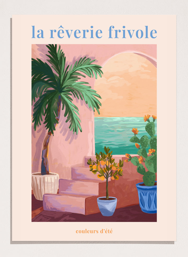 Artistic depiction of a tropical scene with palm trees and plants, featuring the text 'la rçverie frivole'. La Rêverie Frivole Palm by Goed Blauw is a coastal art print and wall poster featuring a palm tree, citrus plant, and ocean view in warm summer tones.