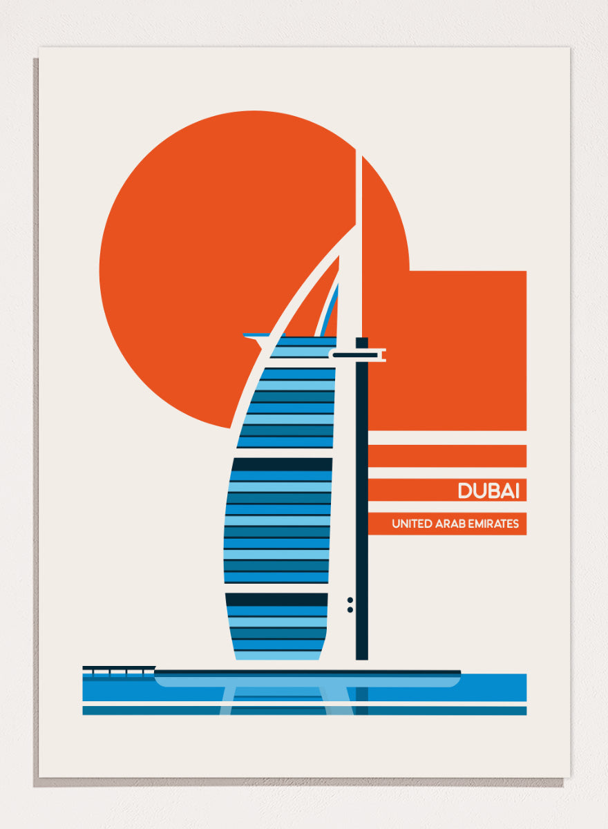 A minimalist travel poster of the Burj Al Arab in Dubai, United Arab Emirates, featuring a stylized blue and white striped hotel silhouette, a large orange sun, and a cream background with the text &