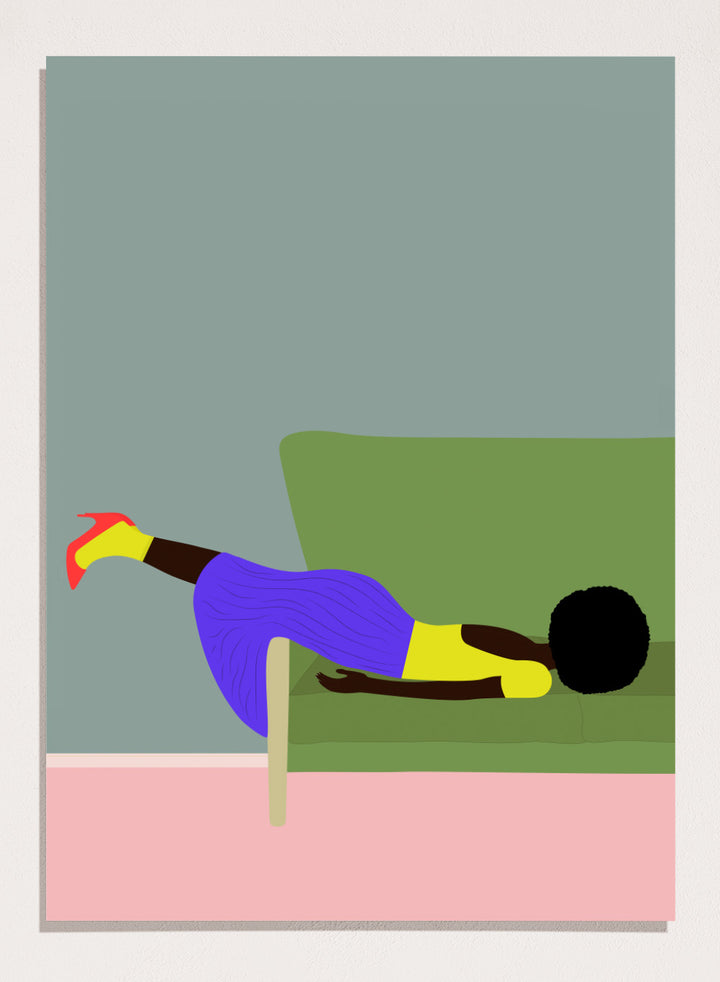 Simplified illustration of a person lying on a green couch with a gray wall and pink floor. Wendy’s Mood by Jota de Jai is a modern art print of a woman lounging dramatically on a green couch, officially licensed wall poster with fine art printing and framing.