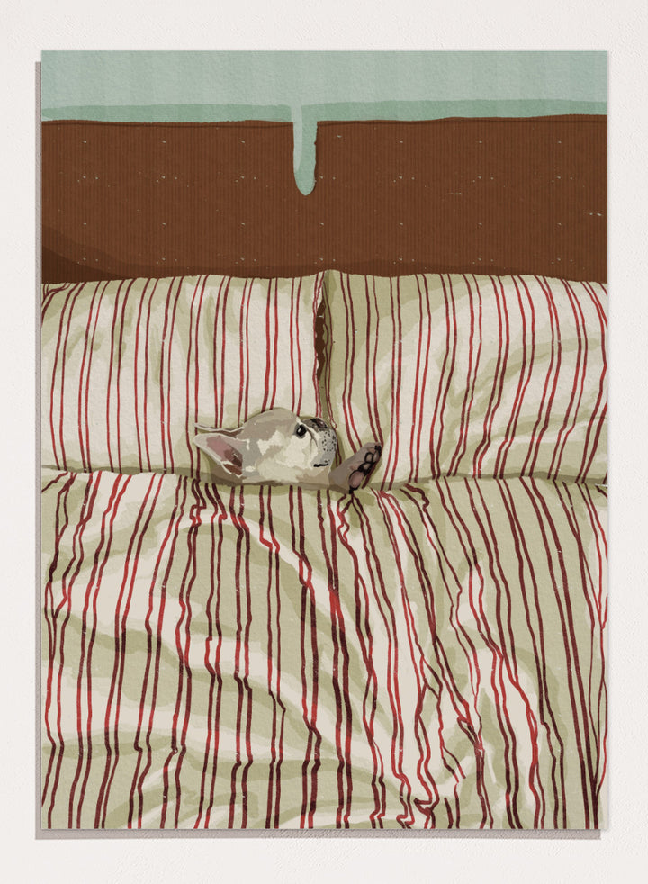 A cozy bed setup with beige and red striped bedding, two matching pillows, and a small gray cat curled up on the duvet. The background features a brown textured headboard and a mint green wall at the top. Shop Cozy Dog in Bed by Lisa Solomoniuk, a playful dog animal art print featuring a pup tucked into striped bedding with a warm, cozy bedroom feel.