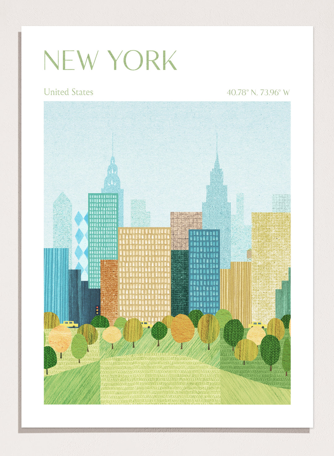 Illustration of a city skyline with trees in the foreground, labeled 'New York'. New York City Park by Longwayhome is a minimalist cityscape art print featuring the New York skyline, green park scenery, and modern travel inspired design.