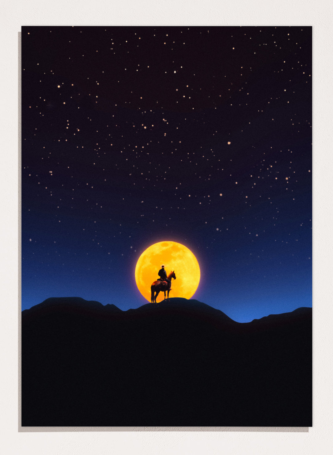Silhouette of a person on horseback under a large orange moon and starry night sky. The Rider and the Moon by Taudalpoi cowboy moon art print with horse silhouette, starry sky and glowing full moon retro cosmic poster wall art.