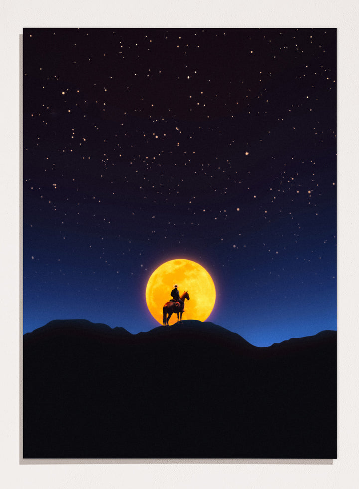 Silhouette of a person on horseback under a large orange moon and starry night sky. The Rider and the Moon by Taudalpoi cowboy moon art print with horse silhouette, starry sky and glowing full moon retro cosmic poster wall art.