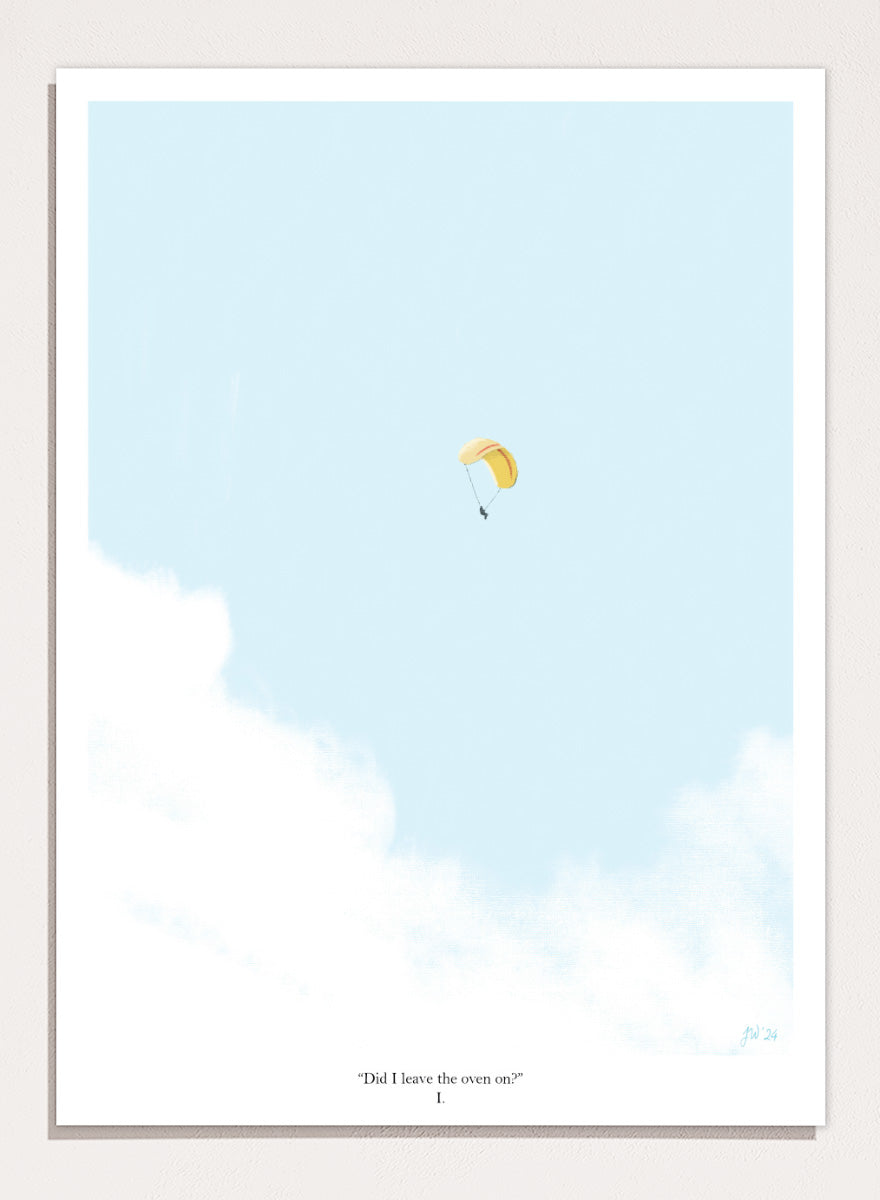 A minimalist art print featuring a light blue sky with white clouds and a small yellow-and-white parachute near the center, framed by a black border with the quote &