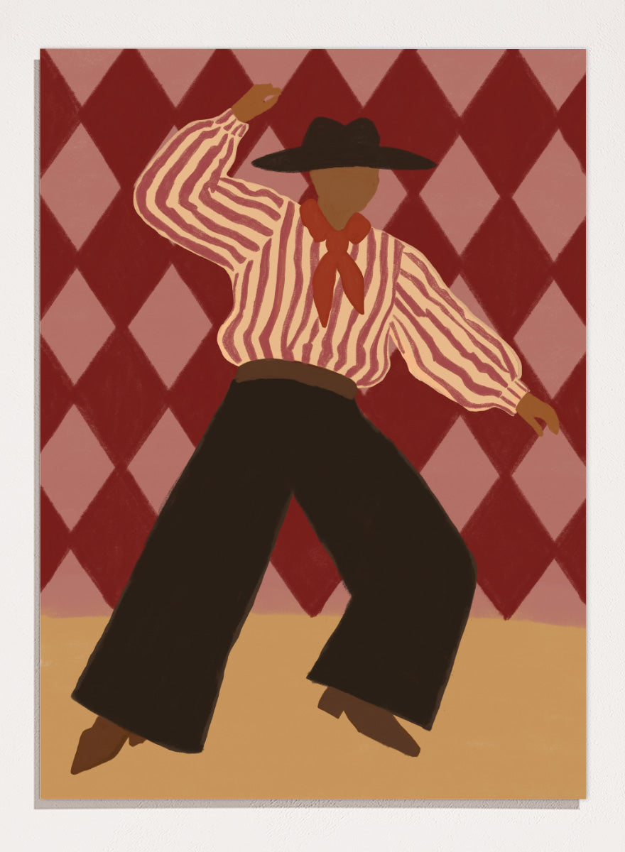A stylized illustration of a person in a cowboy hat, striped shirt, and dark pants dancing against a red and pink diamond-patterned background. Retro Dance Character by The Art Concept art print with a dancing figure, striped shirt, red scarf, harlequin background, and retro color palette.