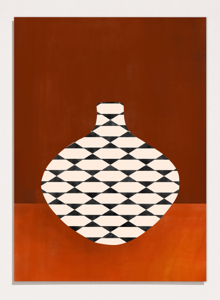 Shop Modern Geometric Vase by Elena Ristova, a modern wall art print poster featuring a black-and-cream patterned vase against a rich rust background.