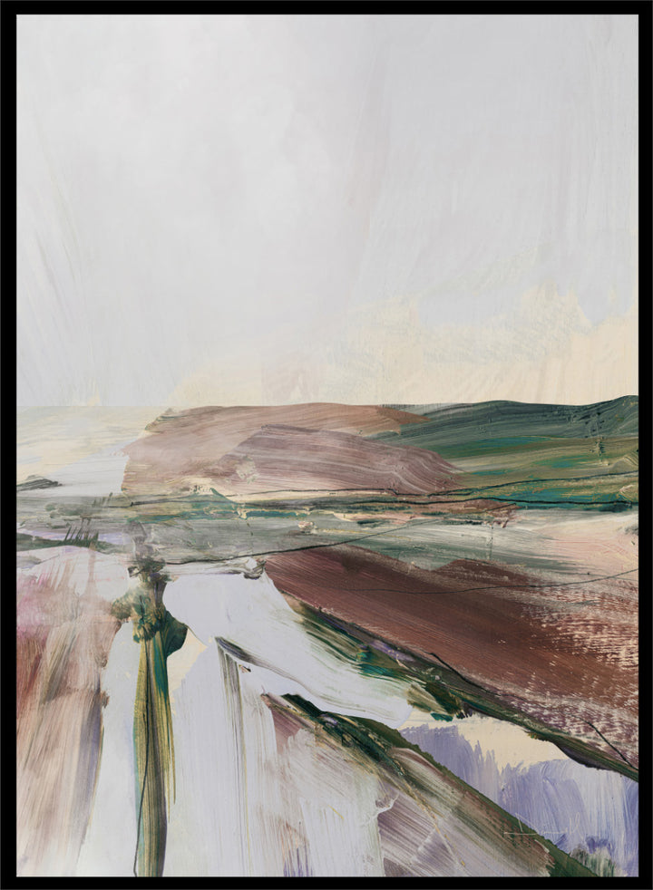 Shop Beauty by Dan Hobday, a set of 2 abstract landscape wall art prints posters featuring layered brushwork, open horizons, and soft brown and purple tones.