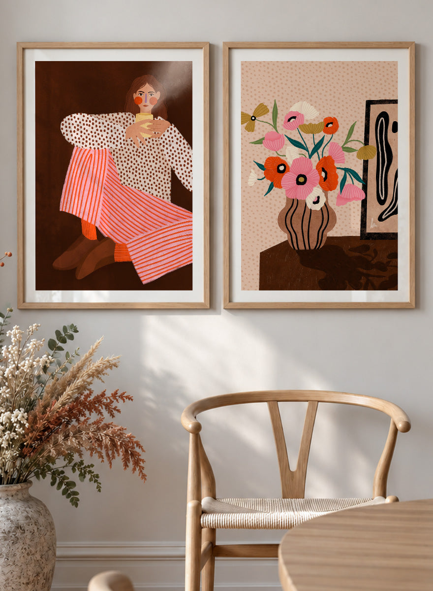 Shop Autumn Mood by Bea Müller, a set of 2 wall art prints posters pairing a modern figurative portrait with a floral still life in warm brown tones.