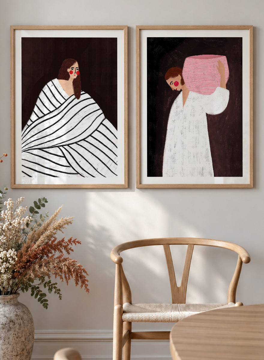 Shop In Her Own World by Bea Müller, a set of 2 figurative wall art prints posters featuring modern women, bold stripes, pink accents, and rich brown tones.
