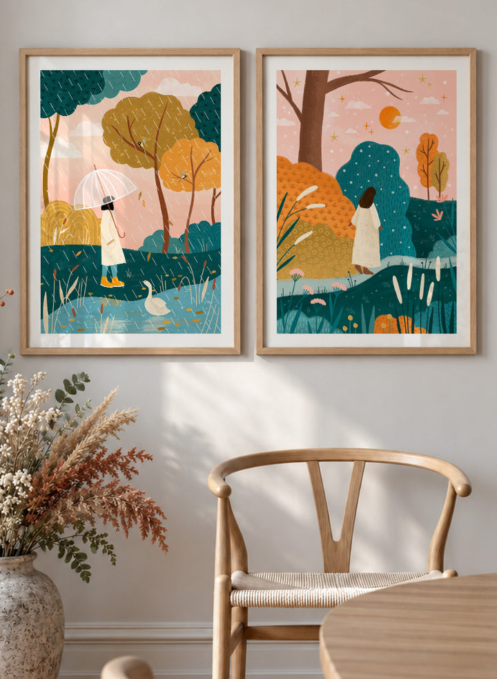 Shop Autumn Wanderings by Bea Müller, a set of 2 autumn wall art prints posters featuring women walking through colorful seasonal landscapes in green, orange and pink tones.