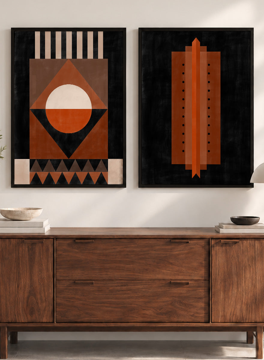 Shop Geometric Rhythm by Elena Ristova, a set of 2 modern wall art prints posters featuring folded stripes, stacked forms, terracotta tones, and bold graphic pattern.