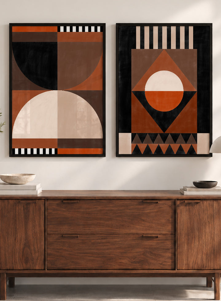 Shop Modern Earth Geometry by Elena Ristova, a set of 2 modern abstract wall art prints posters featuring circles, triangles, stripes, and warm earthy tones.