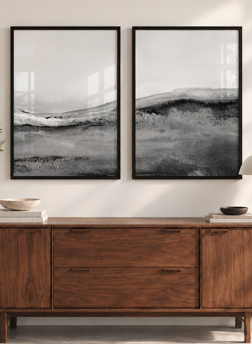 Shop Mono Landscape No.02 by Dan Hobday, a set of 2 black and white landscape wall art prints posters featuring layered hills and soft black and white tones.