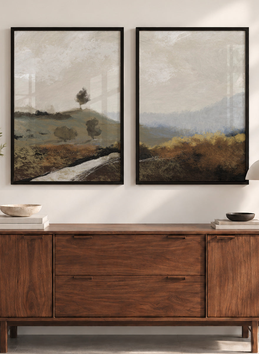 Shop La Collina by Dan Hobday, a set of 2 landscape wall art prints posters featuring rolling hills, winding paths, and warm earthy countryside tones.