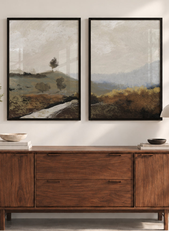 Shop La Collina by Dan Hobday, a set of 2 landscape wall art prints posters featuring rolling hills, winding paths, and warm earthy countryside tones.