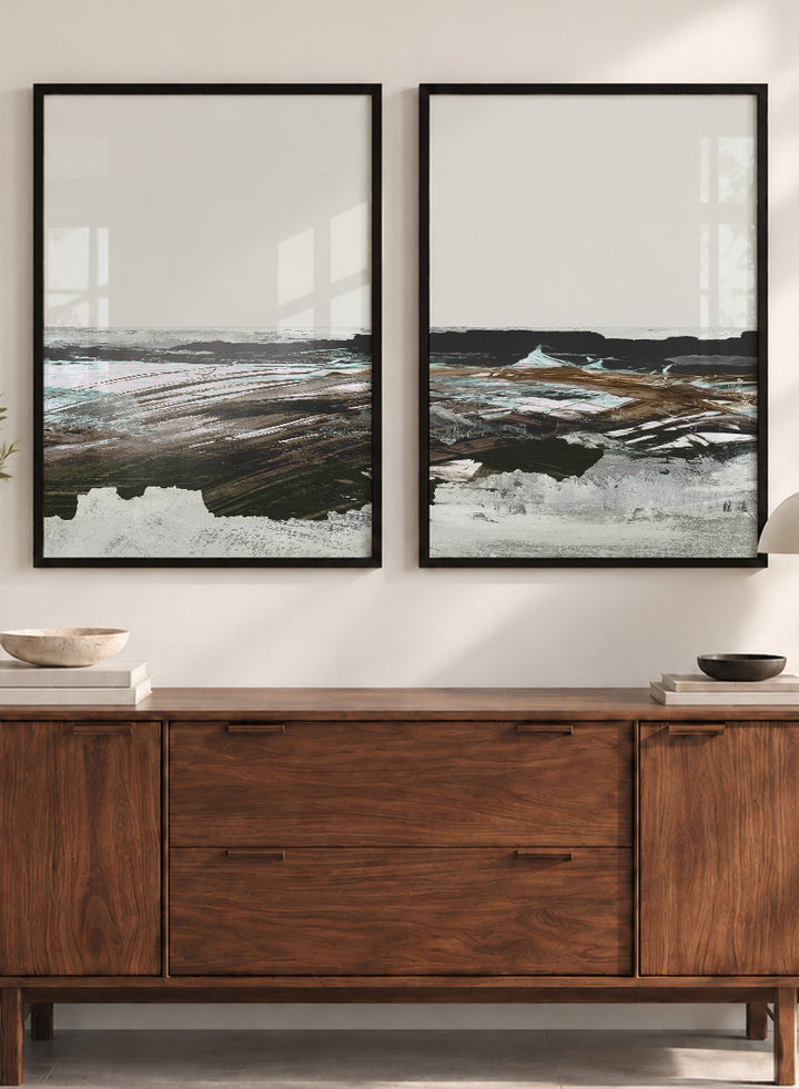 Shop Constantine Bay by Dan Hobday, a set of 2 coastal landscape wall art prints posters featuring windswept shoreline, surf, and muted blue-brown tones.