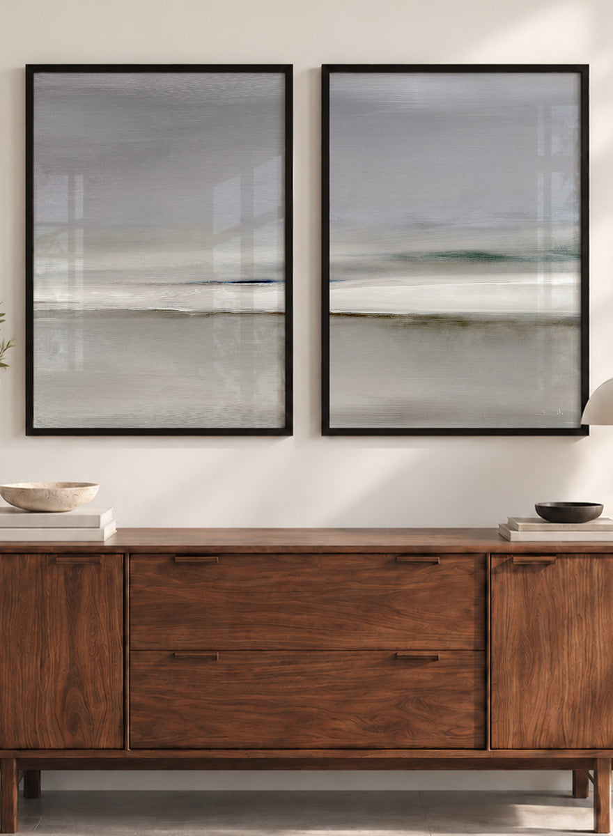 Shop Horizon by Dan Hobday, a set of 2 minimalist landscape wall art prints posters featuring soft gray seascapes, open water, and a quiet horizon.