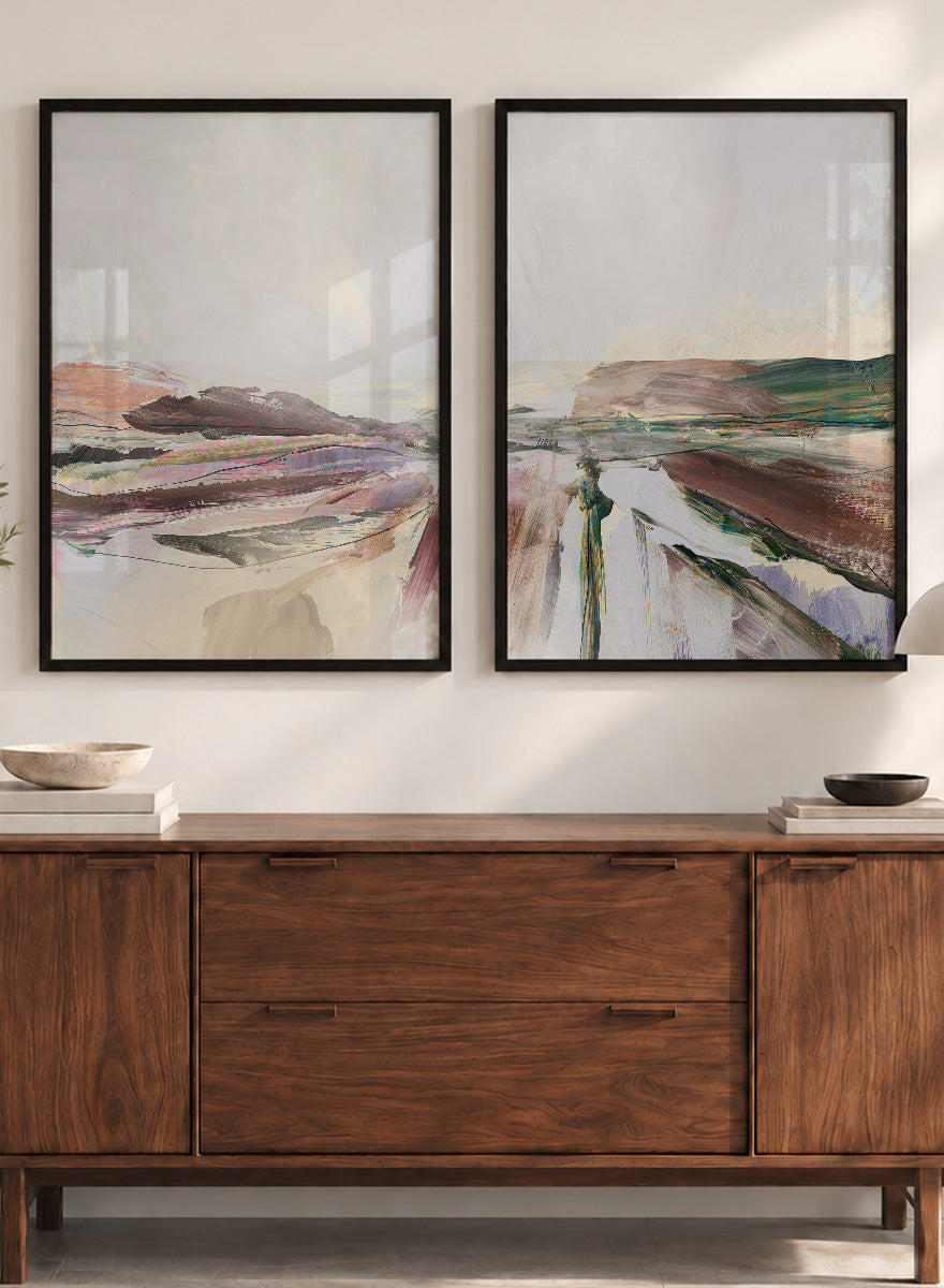 Shop Beauty by Dan Hobday, a set of 2 abstract landscape wall art prints posters featuring layered brushwork, open horizons, and soft brown and purple tones.