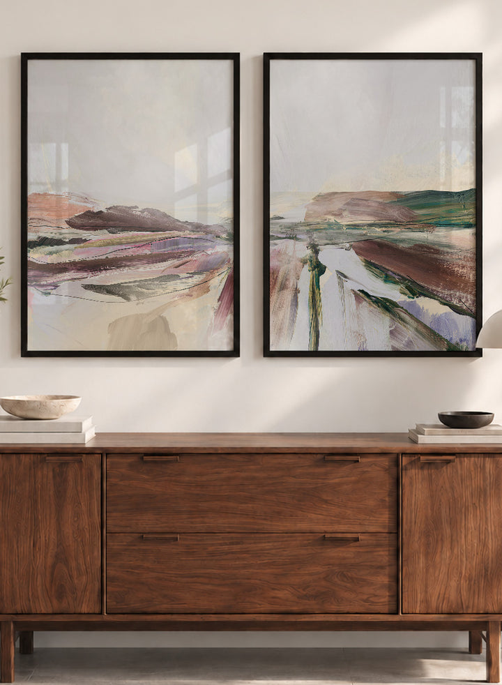 Shop Beauty by Dan Hobday, a set of 2 abstract landscape wall art prints posters featuring layered brushwork, open horizons, and soft brown and purple tones.