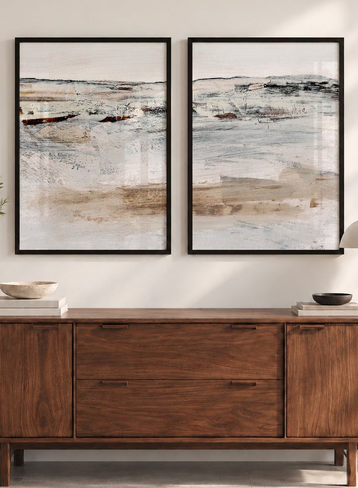 Shop August by Dan Hobday, a set of 2 abstract landscape wall art prints posters featuring a soft horizon, weathered texture, and warm cream tones.
