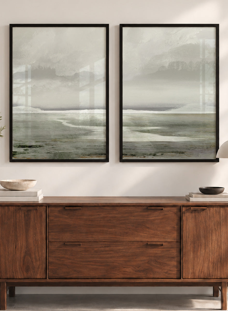 Shop Lakes by Dan Hobday, a set of 2 landscape wall art prints posters featuring misty water, distant trees, and soft green lake scenery.