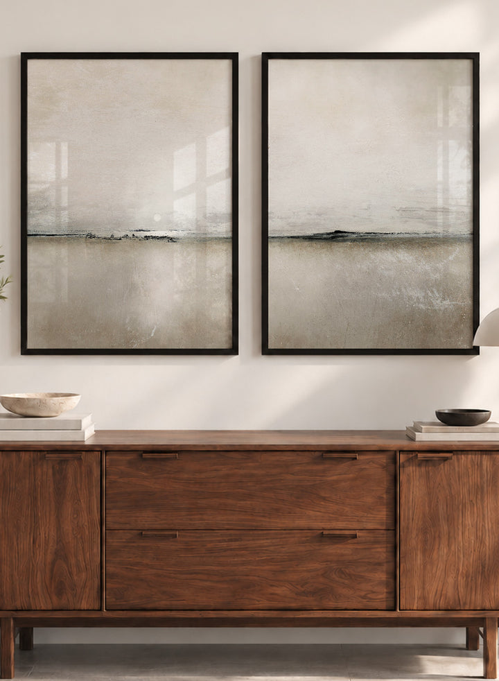 Shop Sunlight Bay by Dan Hobday, a set of 2 minimalist landscape wall art prints posters featuring a soft horizon, open water, and warm brown and cream tones.