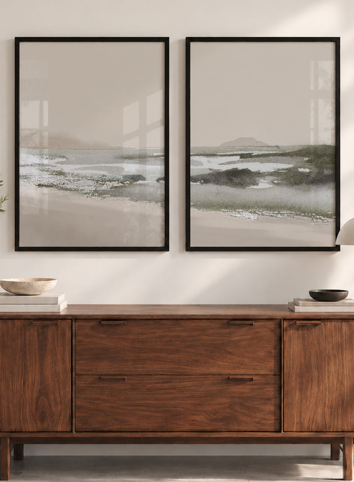 Shop Calm Beach by Dan Hobday, a set of 2 coastal landscape wall art prints posters capturing tidal sandbars, distant islands, and a quiet shoreline.
