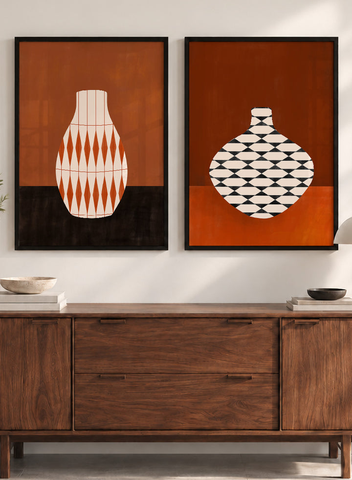 Shop Geometric Vase by Elena Ristova, a set of 2 modern wall art prints posters featuring bold patterned vases in orange, brown, black, and rich rust tones.