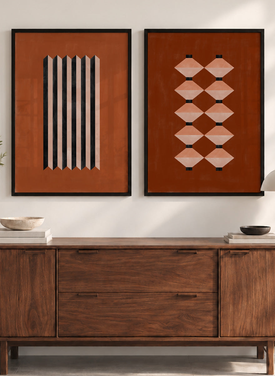 Shop Geometric Rhythm by Elena Ristova, a set of 2 modern wall art prints posters featuring folded stripes, stacked forms, terracotta tones, and bold graphic pattern.