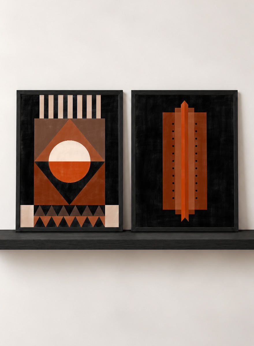 Shop Geometric Rhythm by Elena Ristova, a set of 2 modern wall art prints posters featuring folded stripes, stacked forms, terracotta tones, and bold graphic pattern.