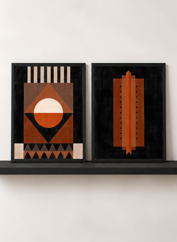 Shop Geometric Rhythm by Elena Ristova, a set of 2 modern wall art prints posters featuring folded stripes, stacked forms, terracotta tones, and bold graphic pattern.