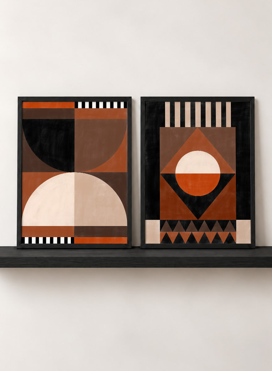 Shop Modern Earth Geometry by Elena Ristova, a set of 2 modern abstract wall art prints posters featuring circles, triangles, stripes, and warm earthy tones.