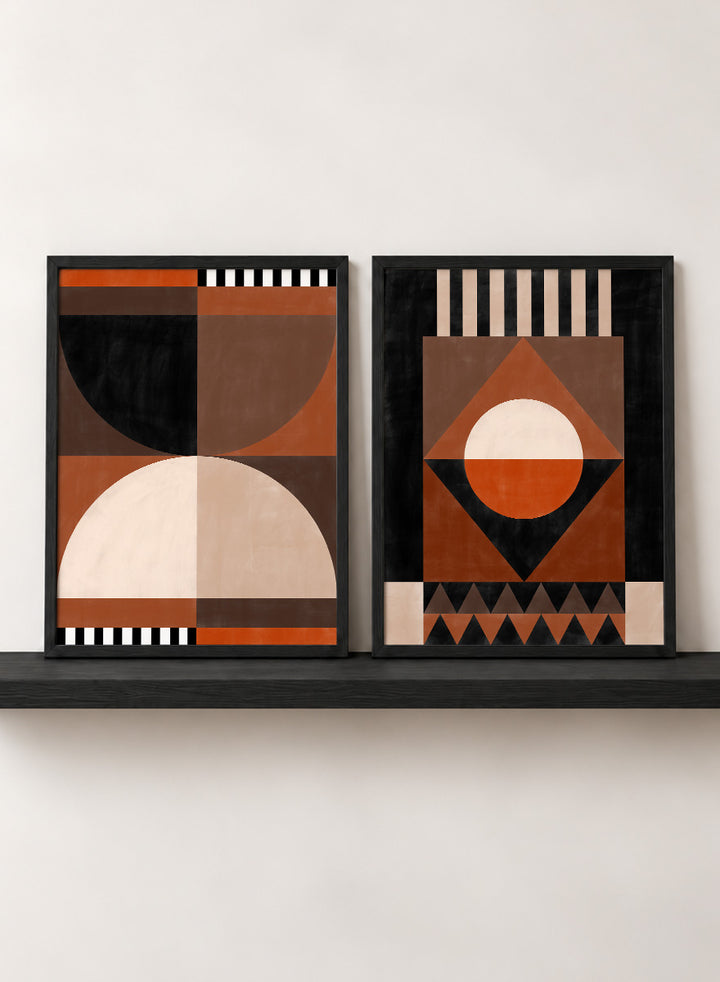 Shop Modern Earth Geometry by Elena Ristova, a set of 2 modern abstract wall art prints posters featuring circles, triangles, stripes, and warm earthy tones.