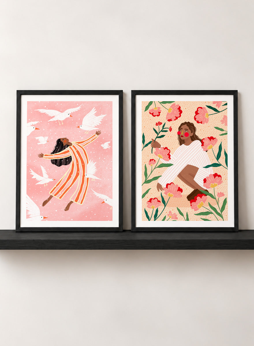 Shop In Her Happy Place by Bea Müller, a set of 2 figurative wall art prints posters featuring women surrounded by birds and flowers in soft pink tones.