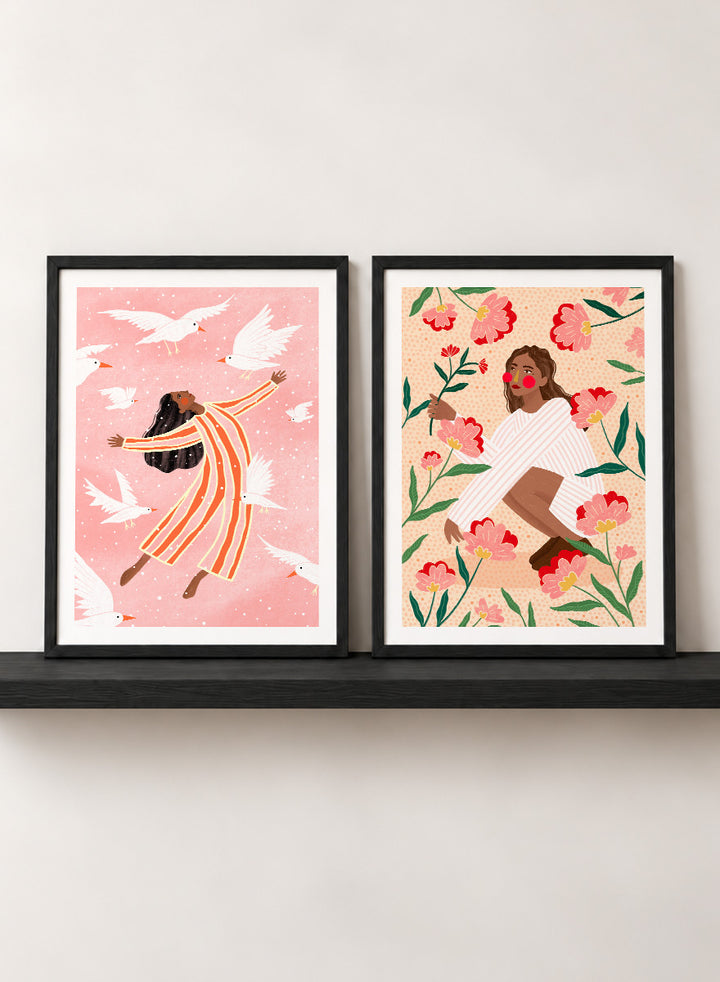 Shop In Her Happy Place by Bea Müller, a set of 2 figurative wall art prints posters featuring women surrounded by birds and flowers in soft pink tones.