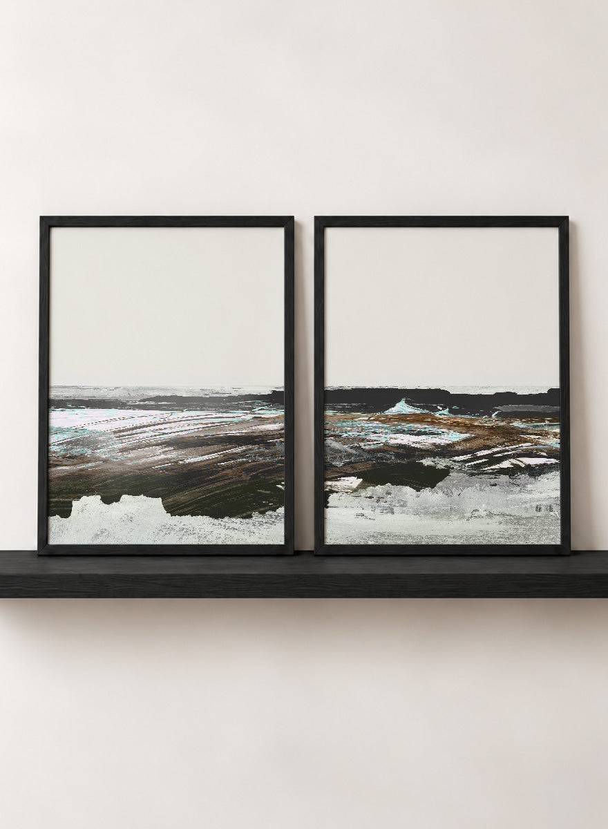 Shop Constantine Bay by Dan Hobday, a set of 2 coastal landscape wall art prints posters featuring windswept shoreline, surf, and muted blue-brown tones.