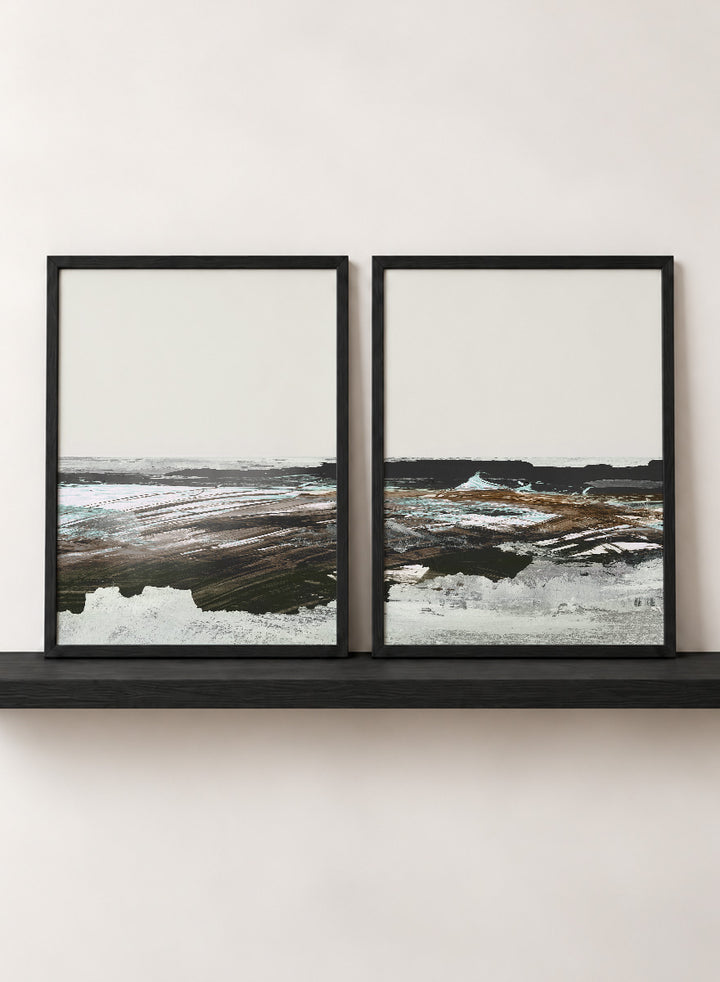 Shop Constantine Bay by Dan Hobday, a set of 2 coastal landscape wall art prints posters featuring windswept shoreline, surf, and muted blue-brown tones.
