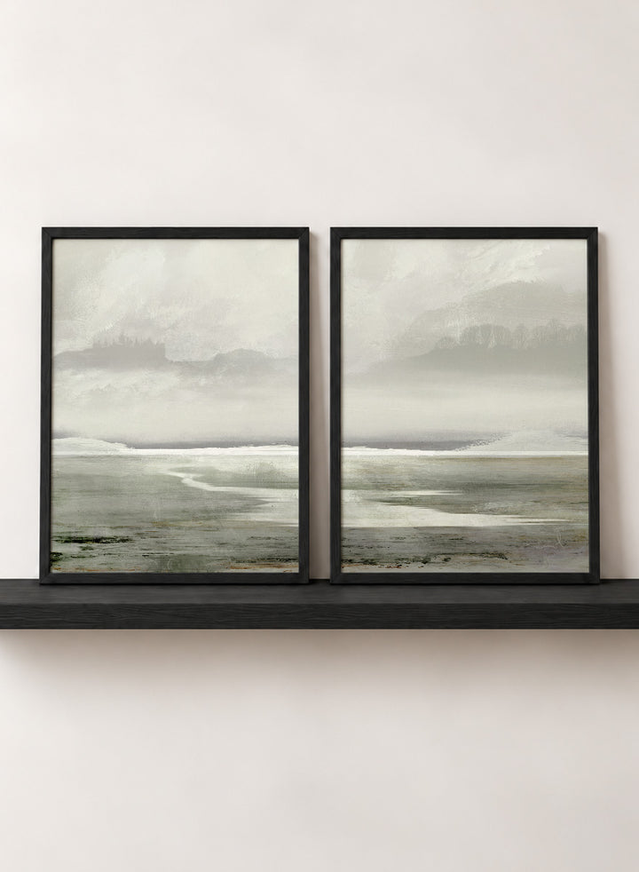 Shop Lakes by Dan Hobday, a set of 2 landscape wall art prints posters featuring misty water, distant trees, and soft green lake scenery.